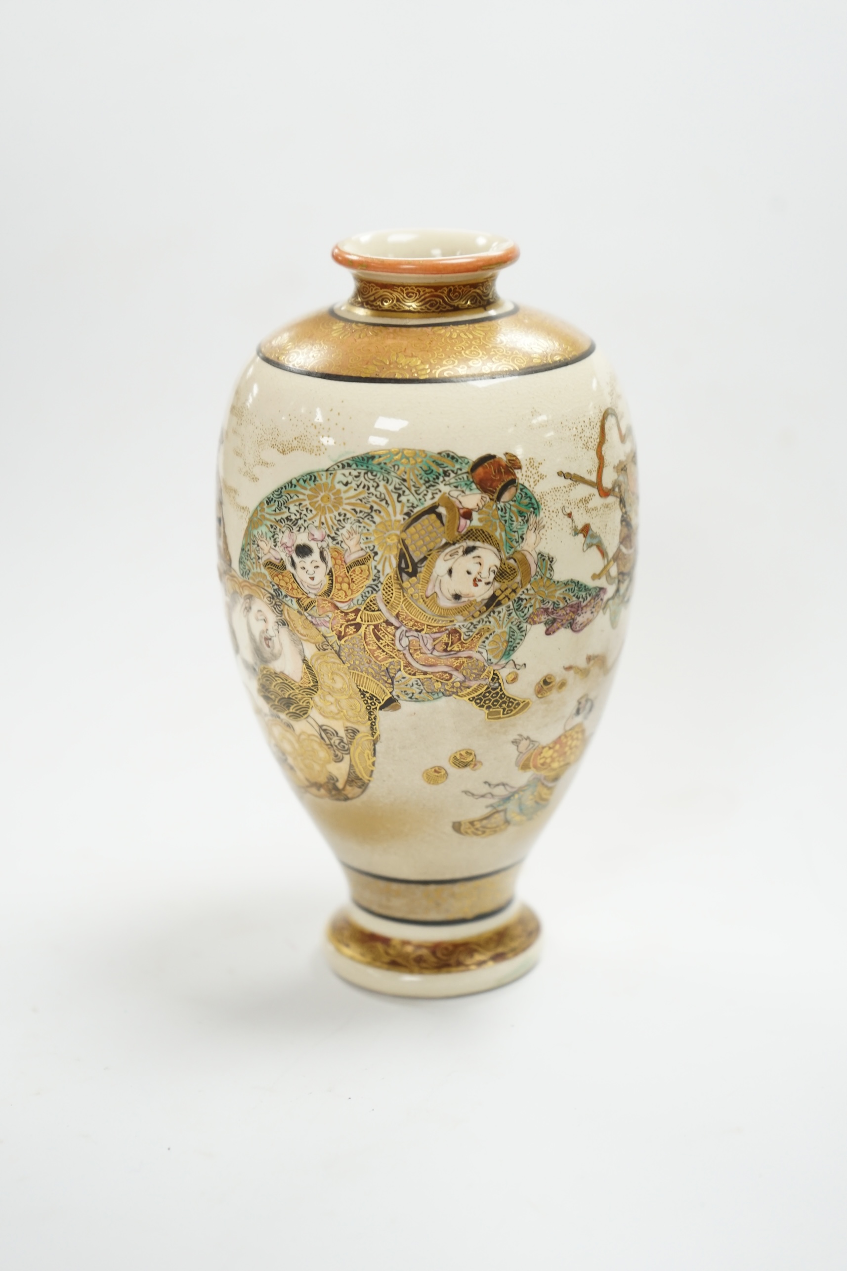 A small Satsuma ovi-form vase, decorated with figures, signature to base, height 13cm high. Condition - good